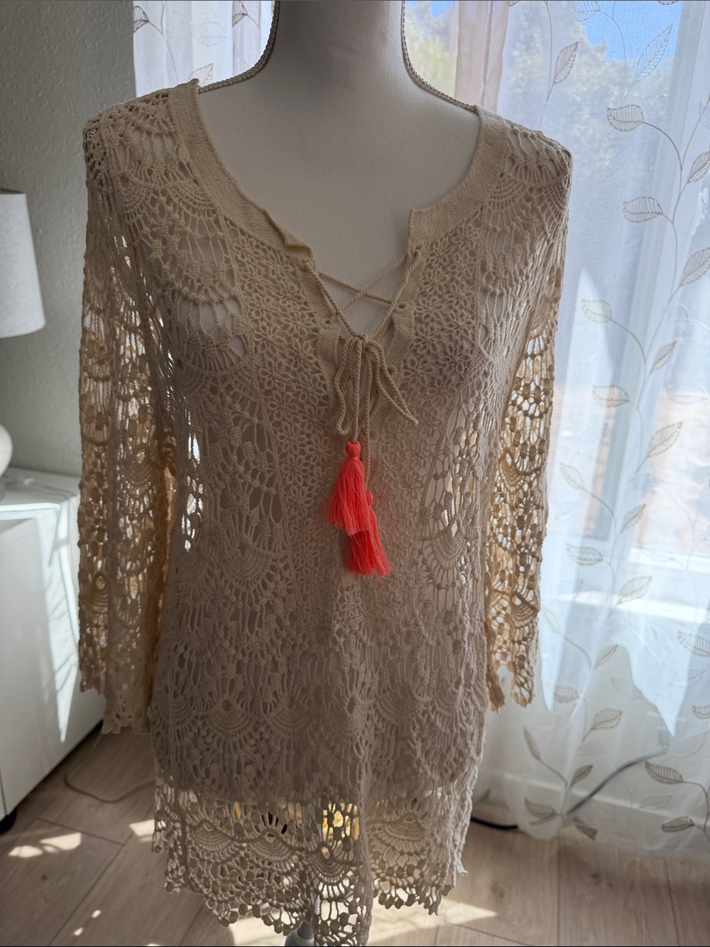 Beige Crochet Lace Tunic with Coral Tassel Tie